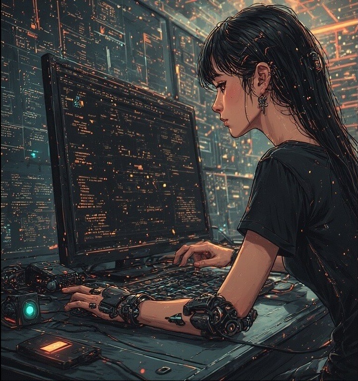 girl working with ai tools cyborg