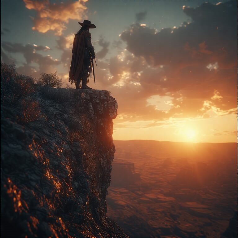 lone warrior on a cliff at sunset shot